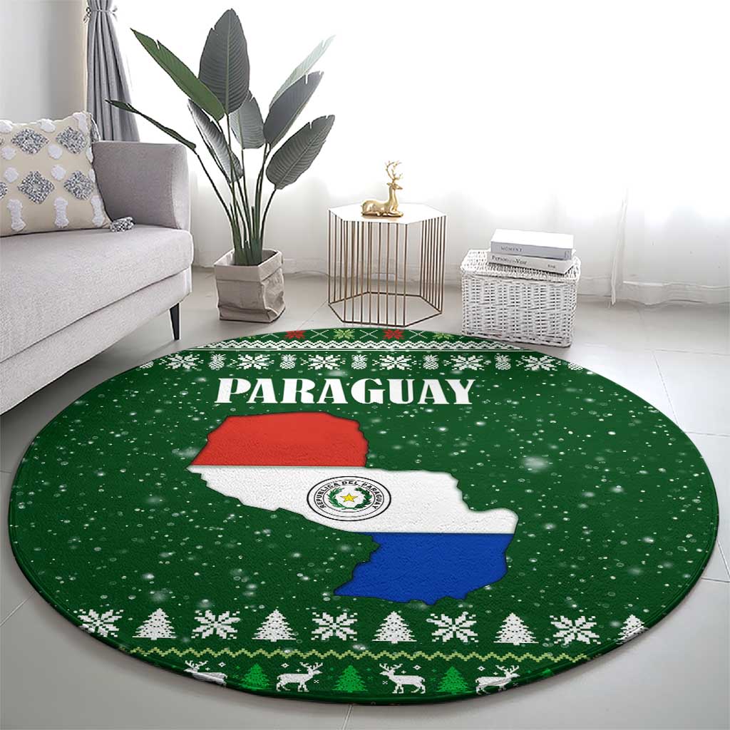 Paraguay Christmas Round Carpet with Green Festive Pattern, Map and Flag Motif, and Santa Illustration - Wonder Print Shop