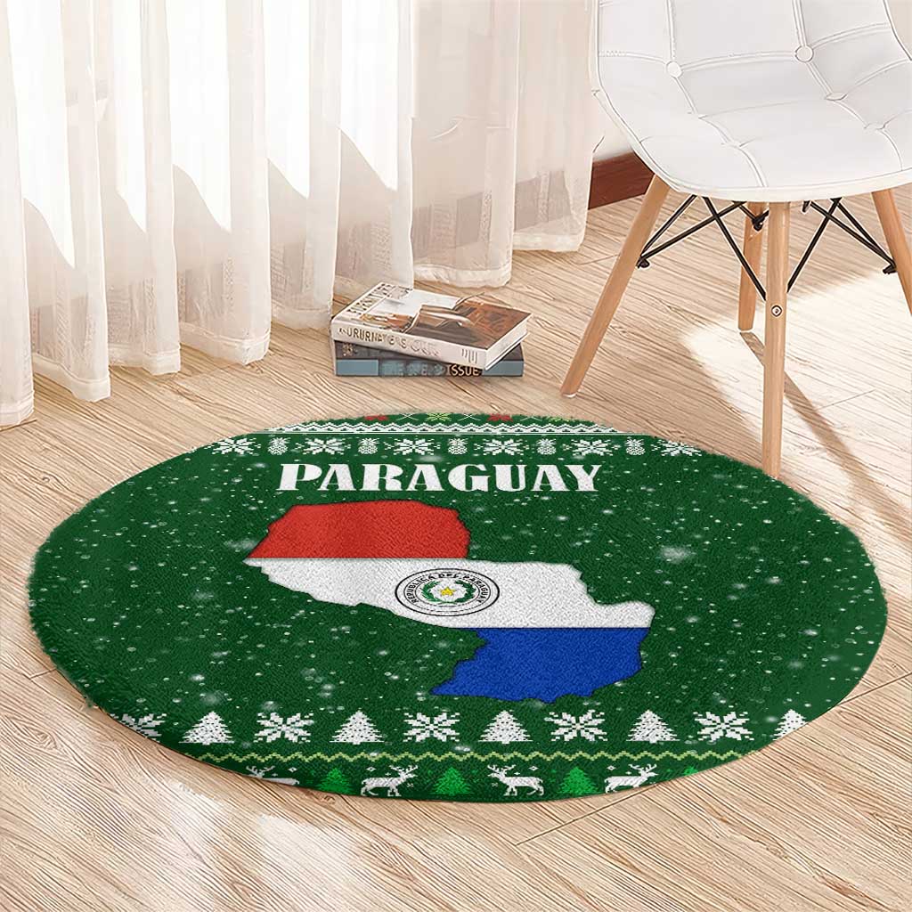 Paraguay Christmas Round Carpet with Green Festive Pattern, Map and Flag Motif, and Santa Illustration - Wonder Print Shop