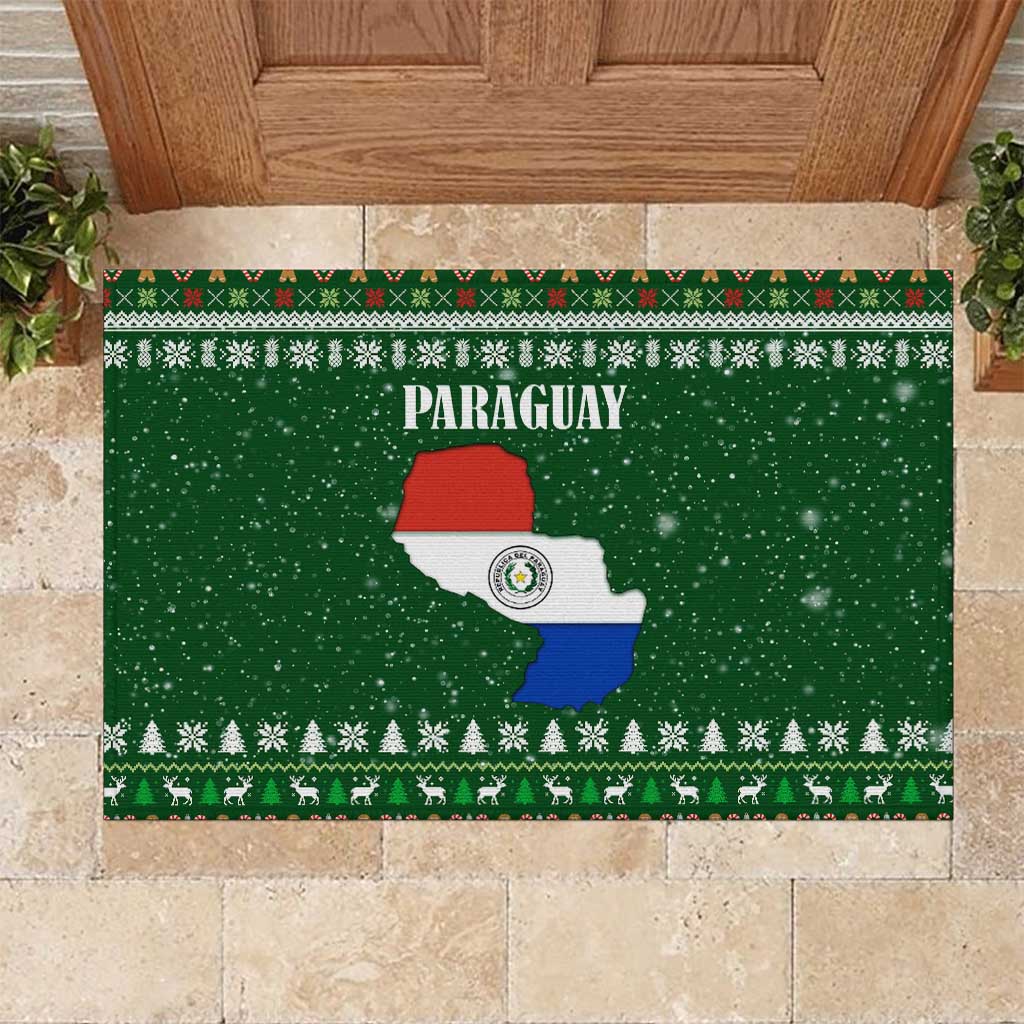 Paraguay Christmas Rubber Doormat with Green Festive Pattern, Map and Flag Motif, and Santa Illustration - Wonder Print Shop