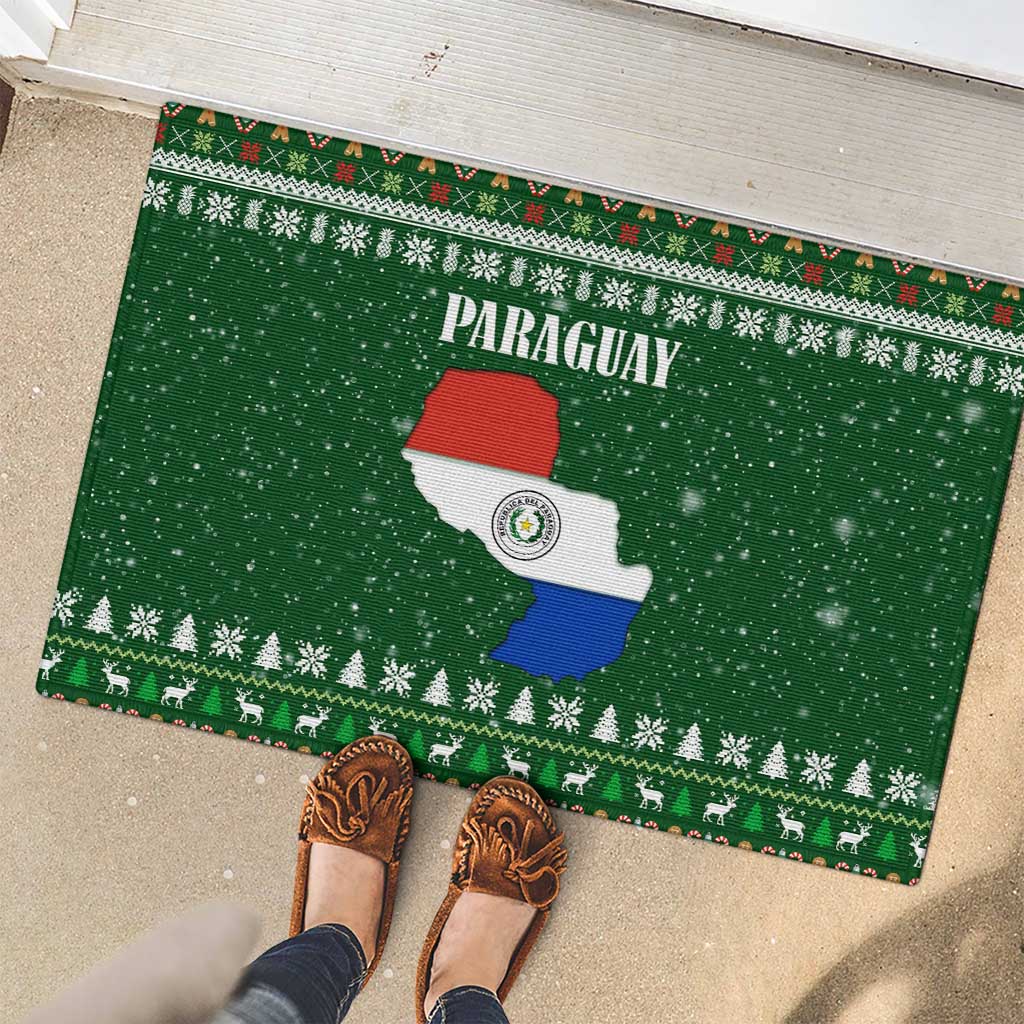 Paraguay Christmas Rubber Doormat with Green Festive Pattern, Map and Flag Motif, and Santa Illustration - Wonder Print Shop