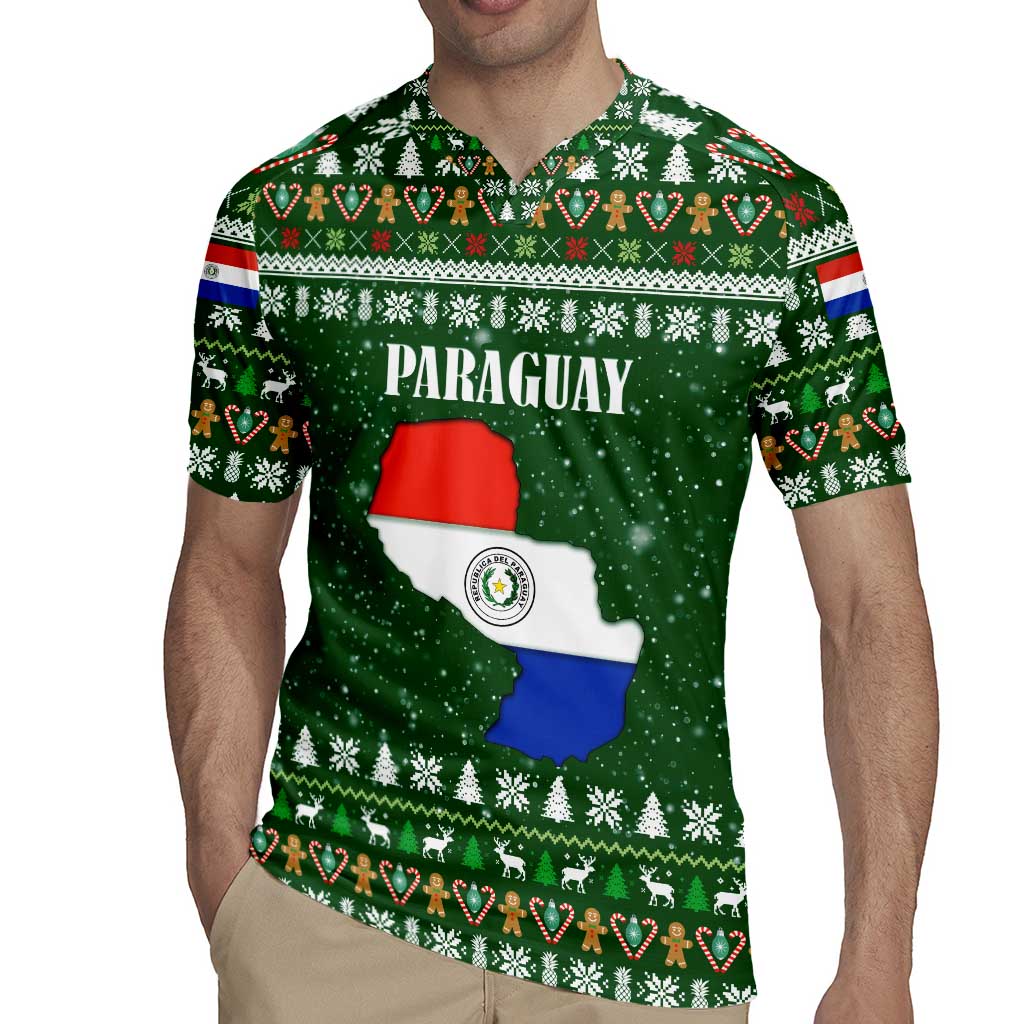 Paraguay Christmas Rugby Jersey with Green Festive Pattern, Map and Flag Motif, and Santa Illustration - Wonder Print Shop