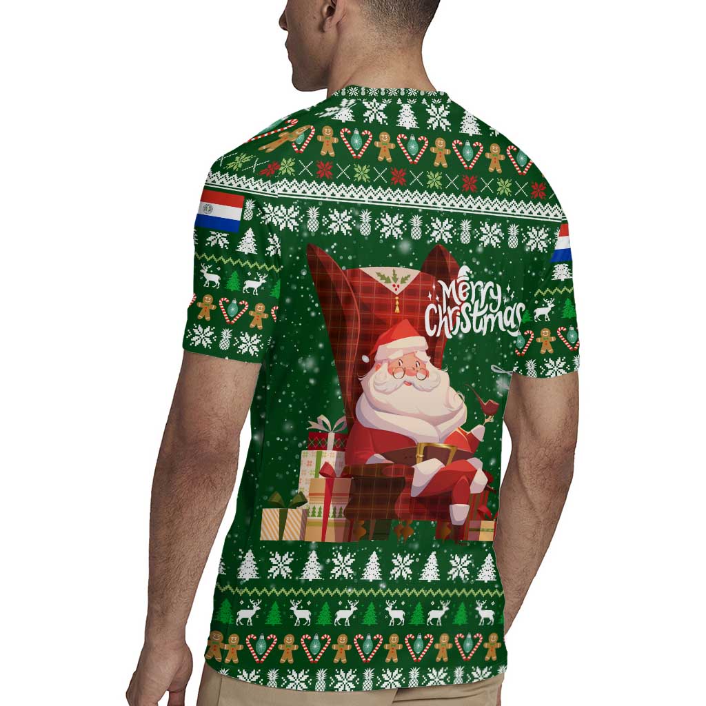 Paraguay Christmas Rugby Jersey with Green Festive Pattern, Map and Flag Motif, and Santa Illustration - Wonder Print Shop