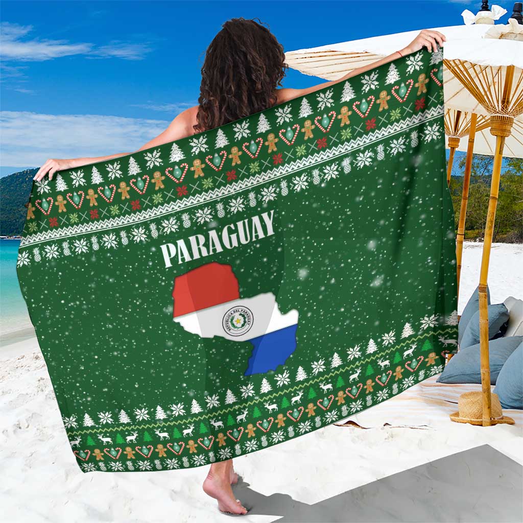 Paraguay Christmas Sarong with Green Festive Pattern, Map and Flag Motif, and Santa Illustration - Wonder Print Shop