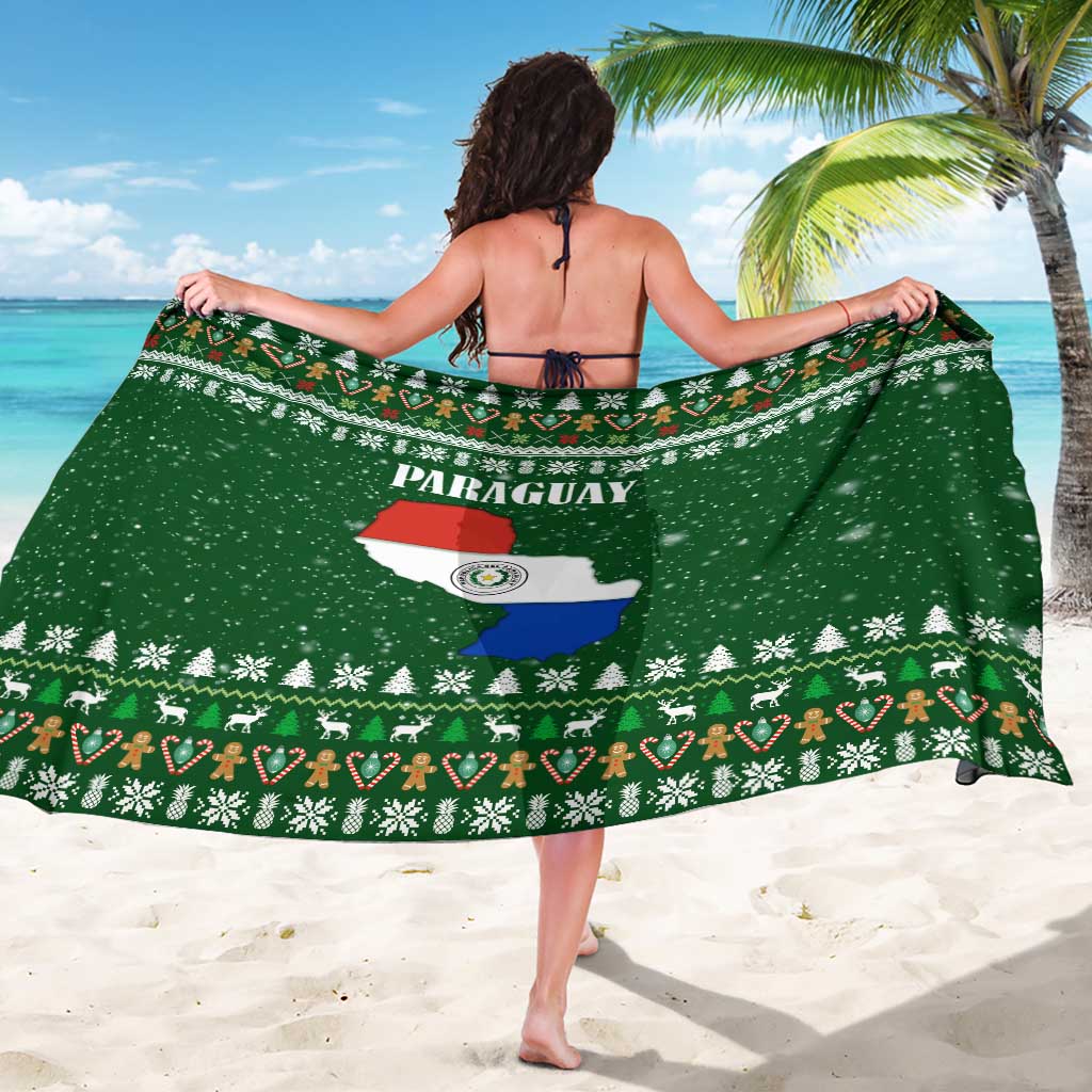 Paraguay Christmas Sarong with Green Festive Pattern, Map and Flag Motif, and Santa Illustration - Wonder Print Shop