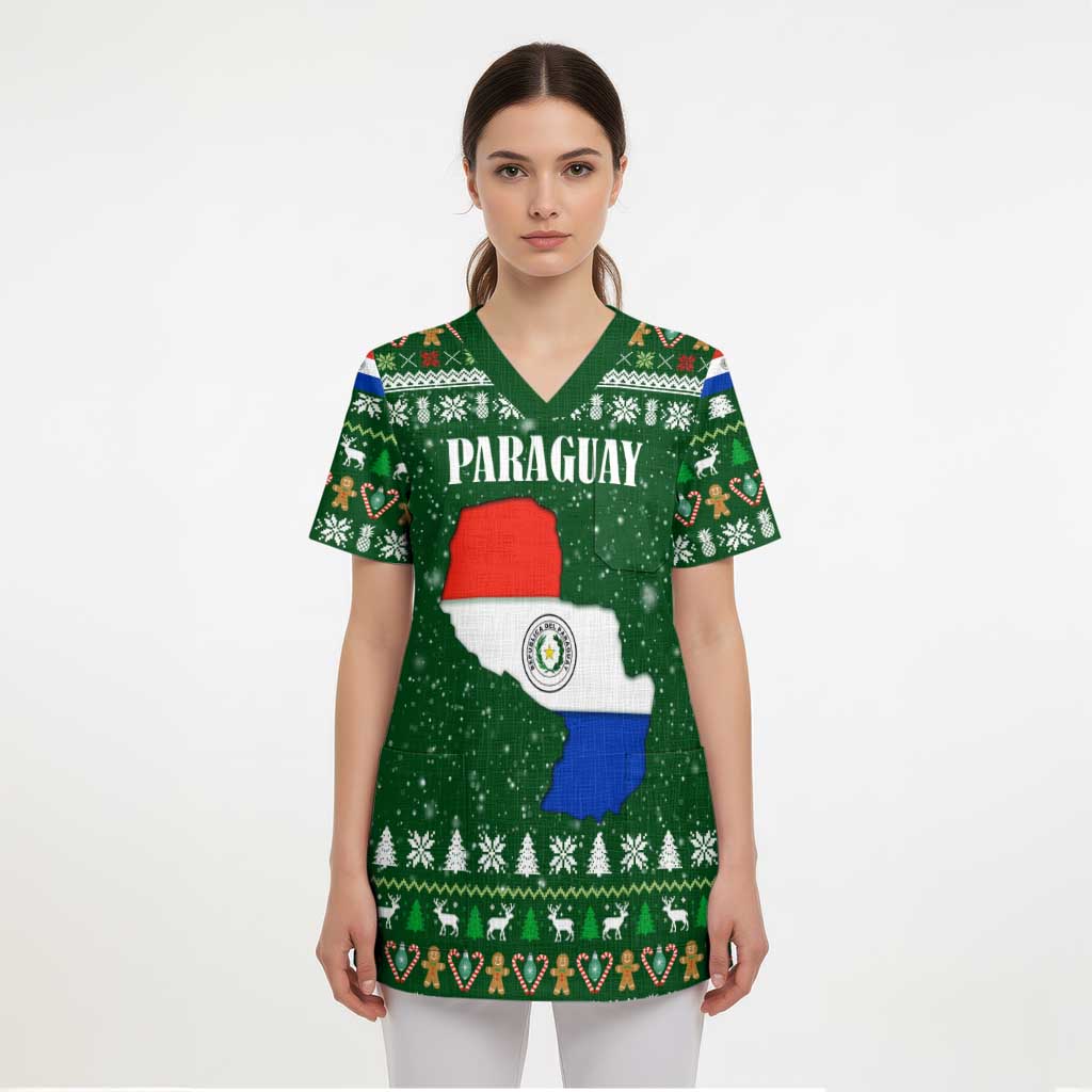 Paraguay Christmas Scrub Top with Green Festive Pattern, Map and Flag Motif, and Santa Illustration - Wonder Print Shop