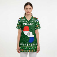 Paraguay Christmas Scrub Top with Green Festive Pattern, Map and Flag Motif, and Santa Illustration - Wonder Print Shop