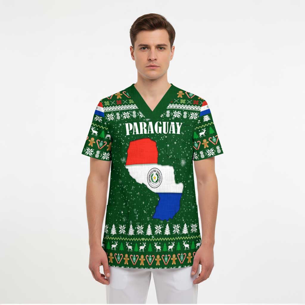 Paraguay Christmas Scrub Top with Green Festive Pattern, Map and Flag Motif, and Santa Illustration - Wonder Print Shop
