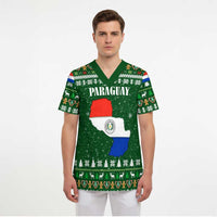 Paraguay Christmas Scrub Top with Green Festive Pattern, Map and Flag Motif, and Santa Illustration - Wonder Print Shop