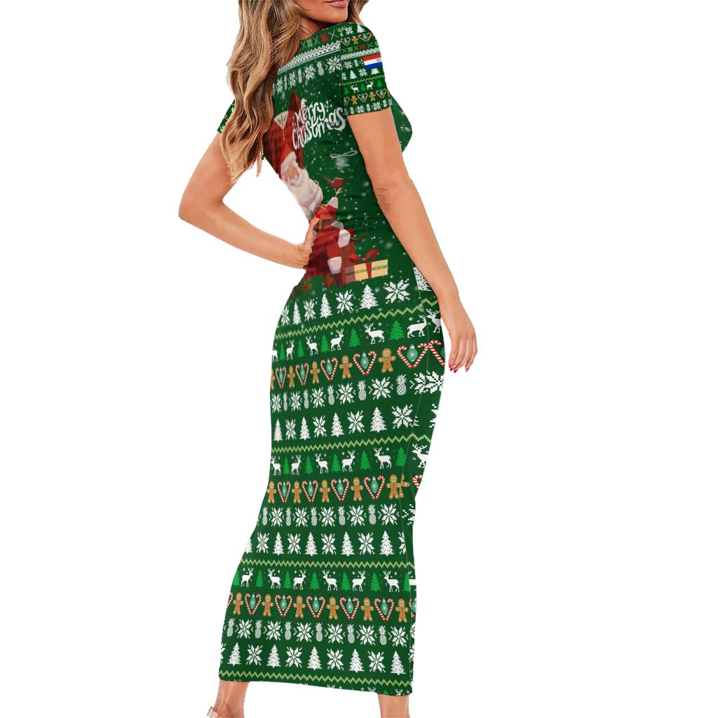 Paraguay Christmas Short Sleeve Bodycon Dress with Green Festive Pattern, Map and Flag Motif, and Santa Illustration - Wonder Print Shop
