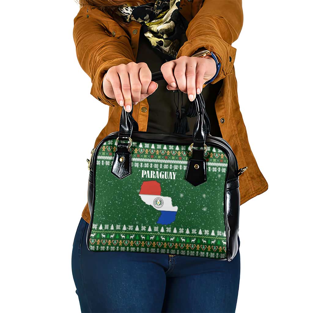 Paraguay Christmas Shoulder Handbag with Green Festive Pattern, Map and Flag Motif, and Santa Illustration - Wonder Print Shop