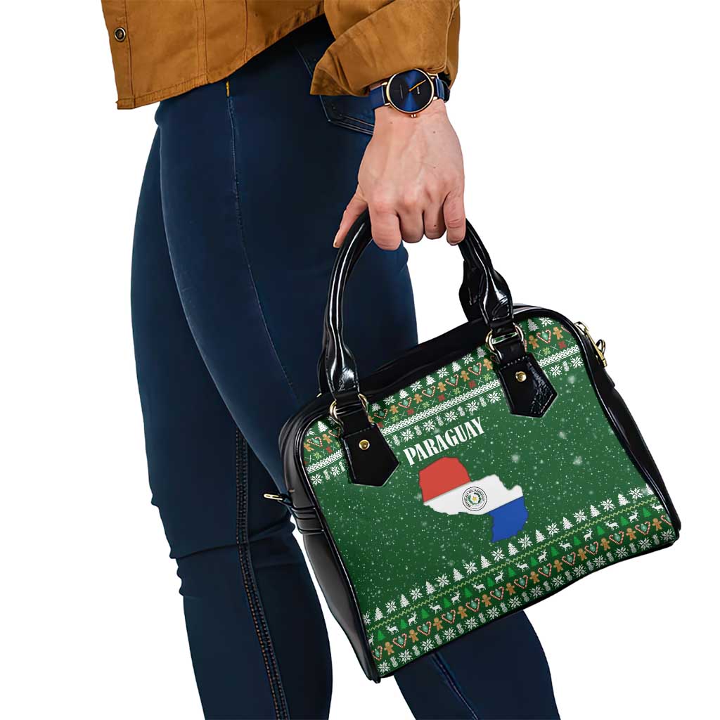 Paraguay Christmas Shoulder Handbag with Green Festive Pattern, Map and Flag Motif, and Santa Illustration - Wonder Print Shop