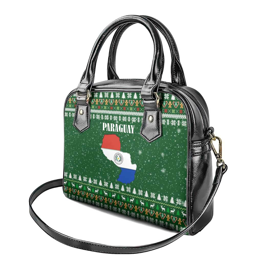 Paraguay Christmas Shoulder Handbag with Green Festive Pattern, Map and Flag Motif, and Santa Illustration - Wonder Print Shop