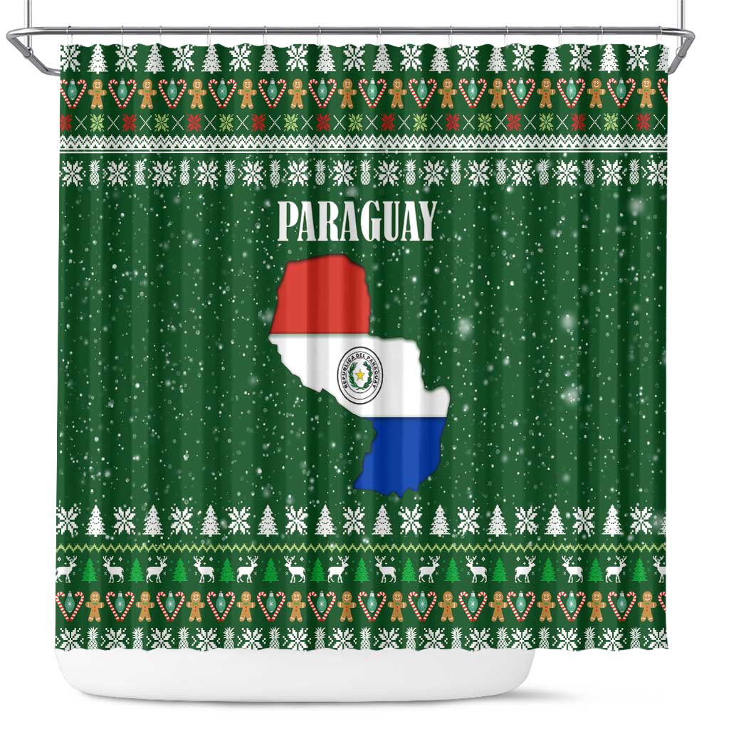 Paraguay Christmas Shower Curtain with Green Festive Pattern, Map and Flag Motif, and Santa Illustration - Wonder Print Shop