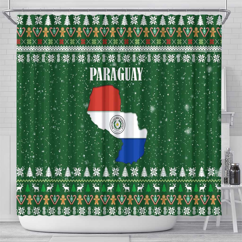 Paraguay Christmas Shower Curtain with Green Festive Pattern, Map and Flag Motif, and Santa Illustration - Wonder Print Shop