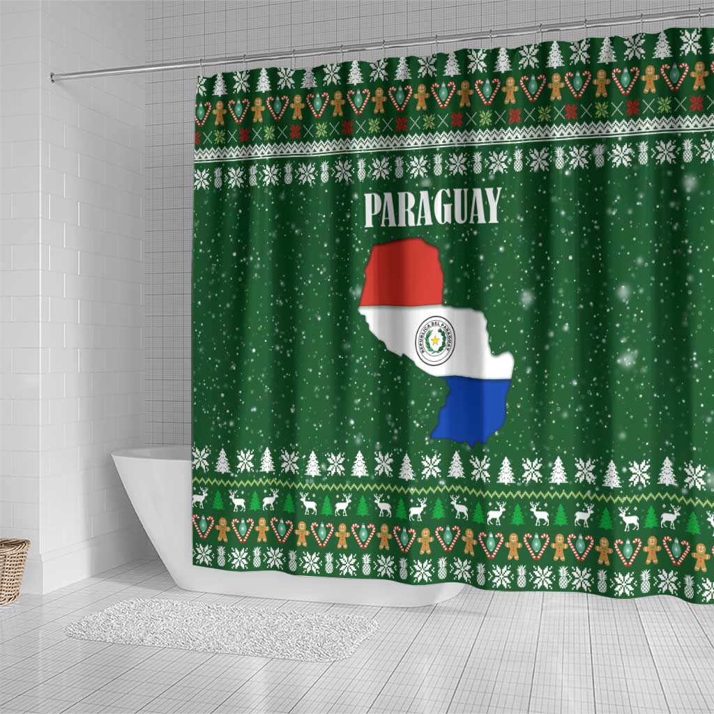 Paraguay Christmas Shower Curtain with Green Festive Pattern, Map and Flag Motif, and Santa Illustration - Wonder Print Shop