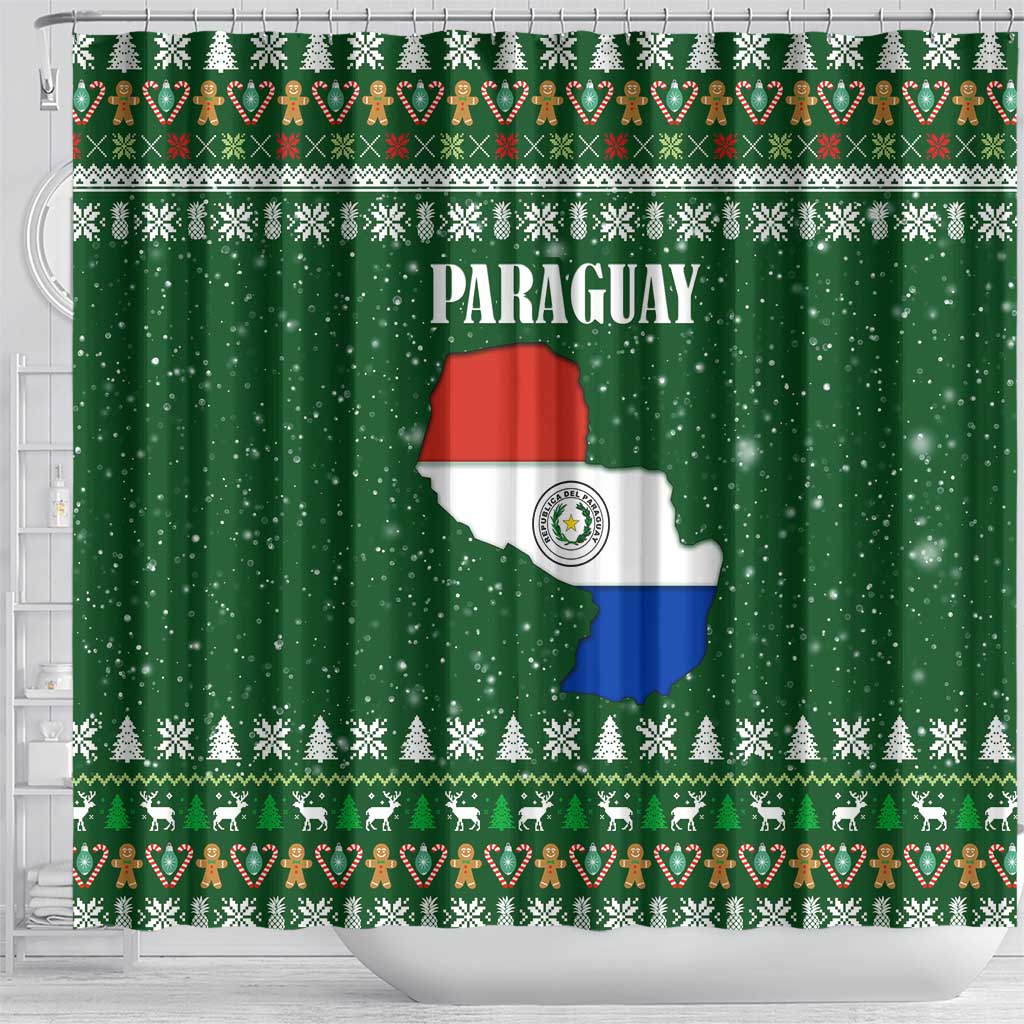 Paraguay Christmas Shower Curtain with Green Festive Pattern, Map and Flag Motif, and Santa Illustration - Wonder Print Shop