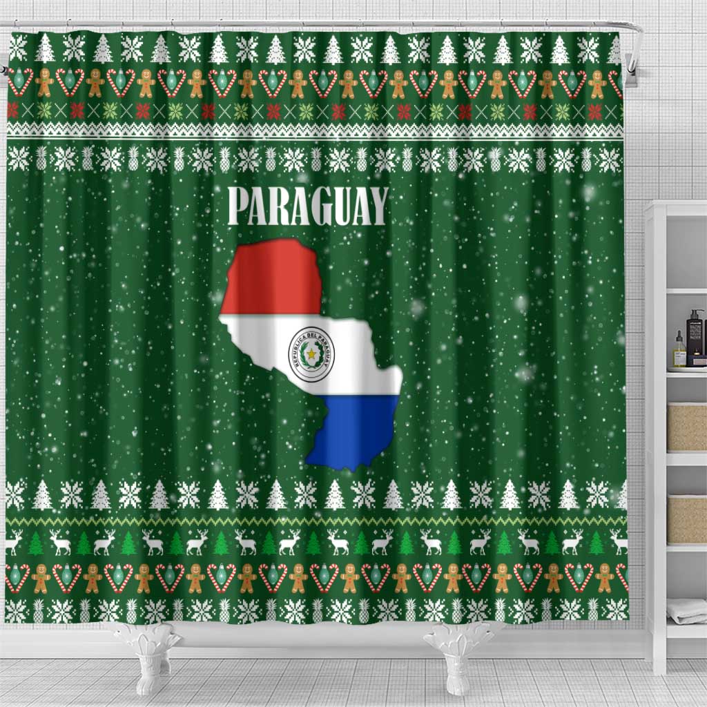 Paraguay Christmas Shower Curtain with Green Festive Pattern, Map and Flag Motif, and Santa Illustration - Wonder Print Shop
