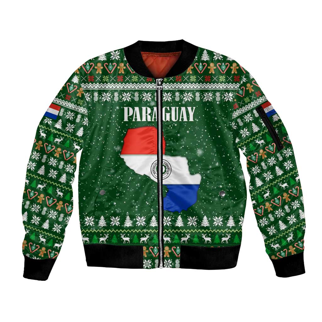 Paraguay Christmas Sleeve Zip Bomber Jacket with Green Festive Pattern, Map and Flag Motif, and Santa Illustration - Wonder Print Shop
