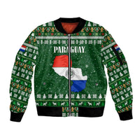 Paraguay Christmas Sleeve Zip Bomber Jacket with Green Festive Pattern, Map and Flag Motif, and Santa Illustration - Wonder Print Shop