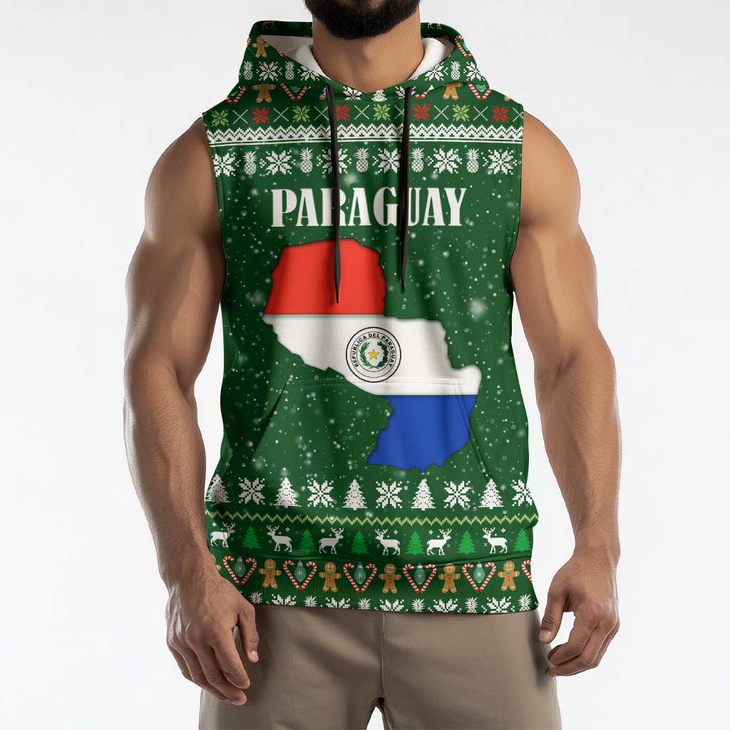 Paraguay Christmas Sleeveless Hoodie with Green Festive Pattern, Map and Flag Motif, and Santa Illustration - Wonder Print Shop