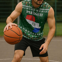 Paraguay Christmas Sleeveless Hoodie with Green Festive Pattern, Map and Flag Motif, and Santa Illustration - Wonder Print Shop