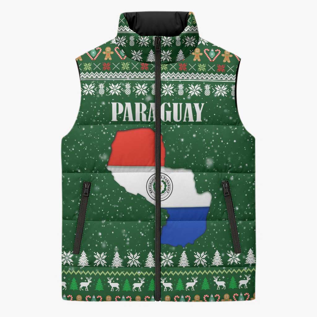 Paraguay Christmas Sleeveless Puffer Jacket with Green Festive Pattern, Map and Flag Motif, and Santa Illustration - Wonder Print Shop