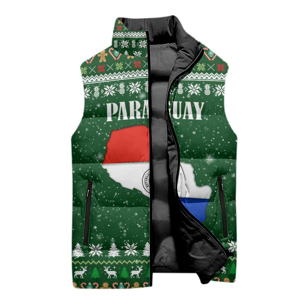 Paraguay Christmas Sleeveless Puffer Jacket with Green Festive Pattern, Map and Flag Motif, and Santa Illustration - Wonder Print Shop