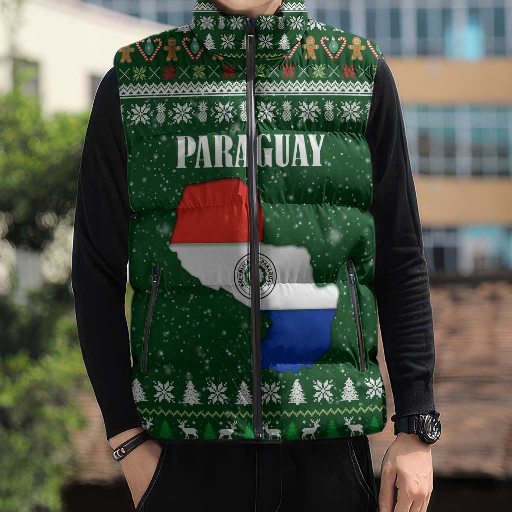 Paraguay Christmas Sleeveless Puffer Jacket with Green Festive Pattern, Map and Flag Motif, and Santa Illustration - Wonder Print Shop