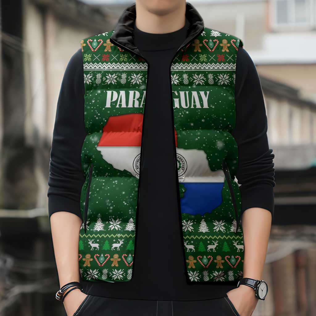 Paraguay Christmas Sleeveless Puffer Jacket with Green Festive Pattern, Map and Flag Motif, and Santa Illustration - Wonder Print Shop