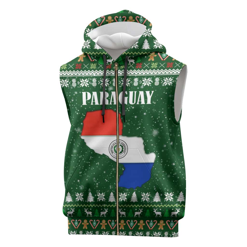 Paraguay Christmas Sleeveless Zip Hoodie with Green Festive Pattern, Map and Flag Motif, and Santa Illustration - Wonder Print Shop