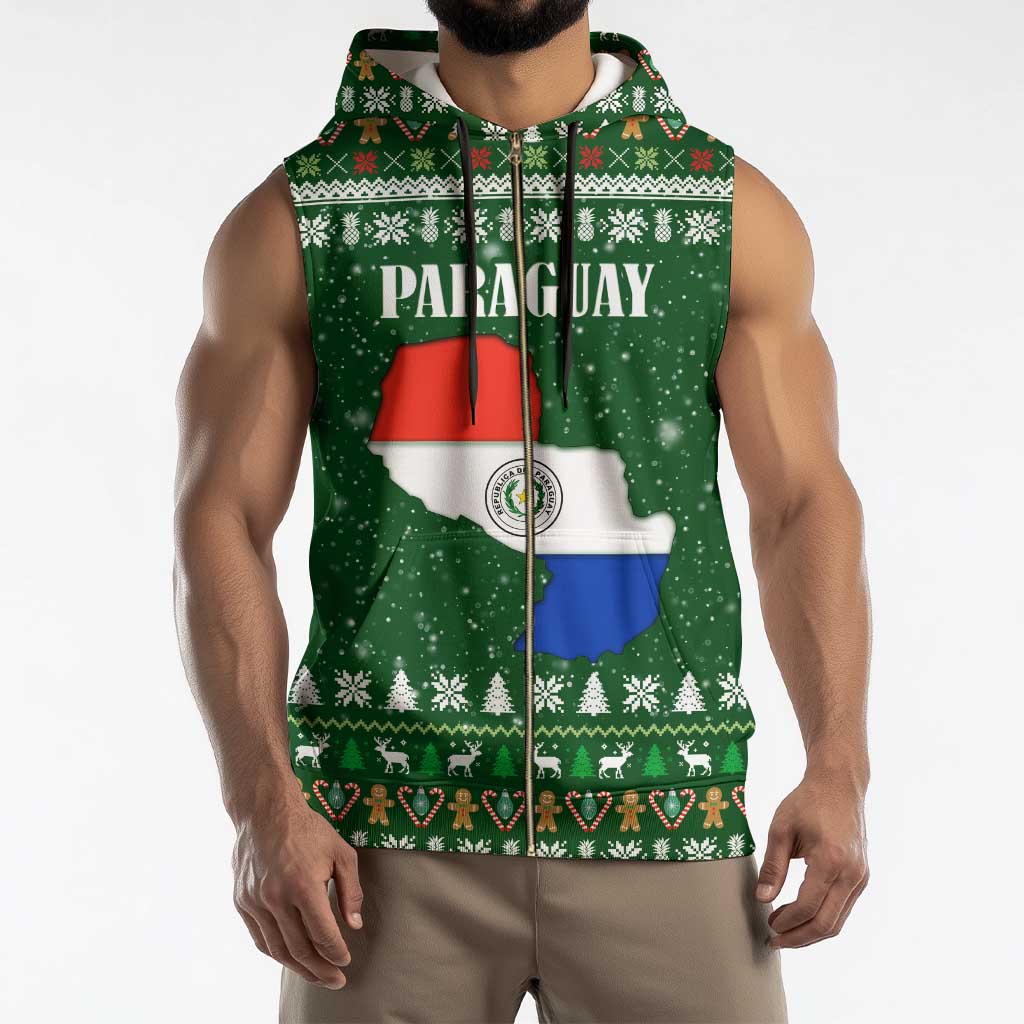 Paraguay Christmas Sleeveless Zip Hoodie with Green Festive Pattern, Map and Flag Motif, and Santa Illustration - Wonder Print Shop