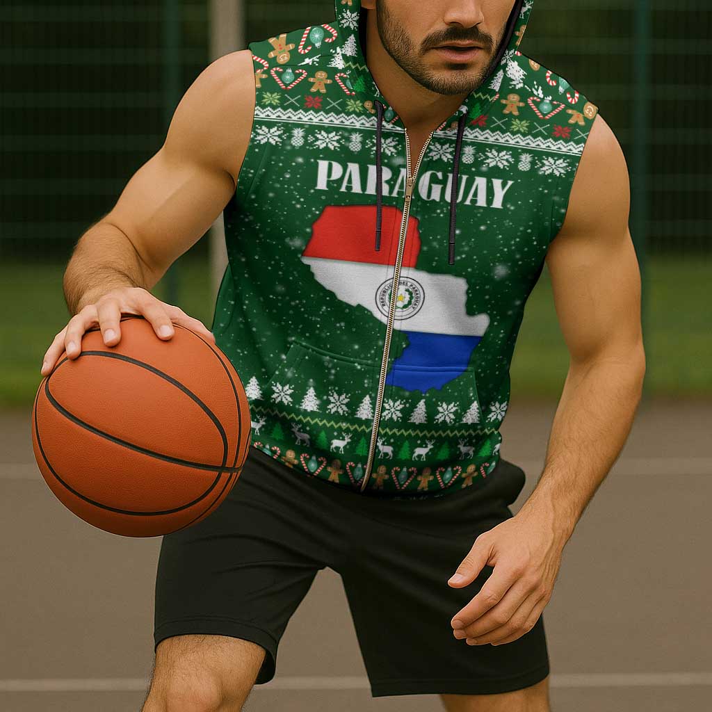 Paraguay Christmas Sleeveless Zip Hoodie with Green Festive Pattern, Map and Flag Motif, and Santa Illustration - Wonder Print Shop
