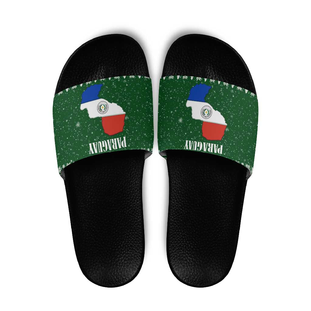 Paraguay Christmas Slide Sandals with Green Festive Pattern, Map and Flag Motif, and Santa Illustration - Wonder Print Shop
