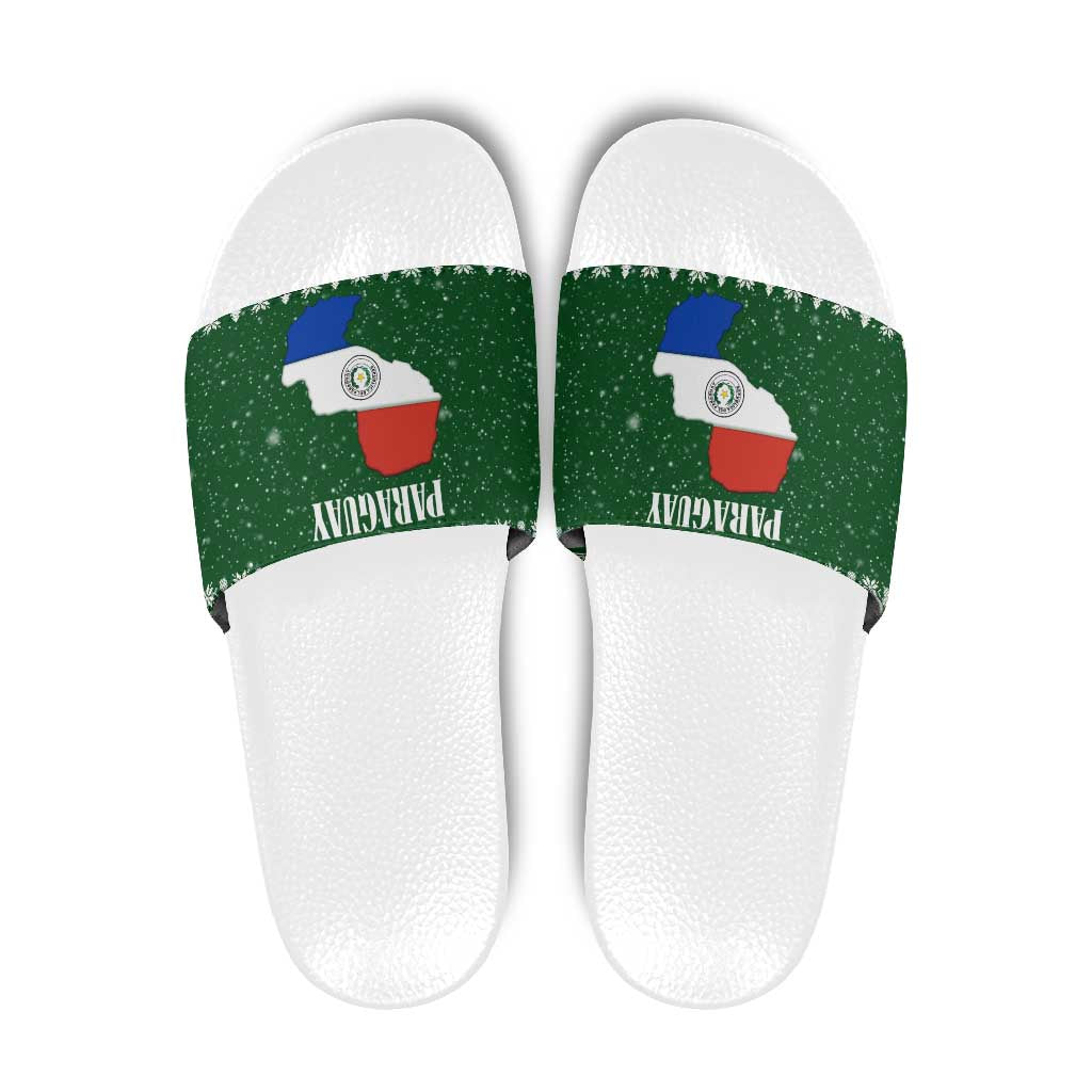 Paraguay Christmas Slide Sandals with Green Festive Pattern, Map and Flag Motif, and Santa Illustration - Wonder Print Shop