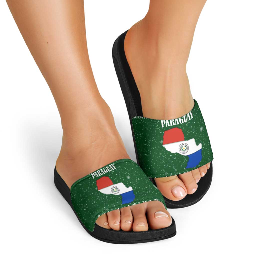 Paraguay Christmas Slide Sandals with Green Festive Pattern, Map and Flag Motif, and Santa Illustration - Wonder Print Shop