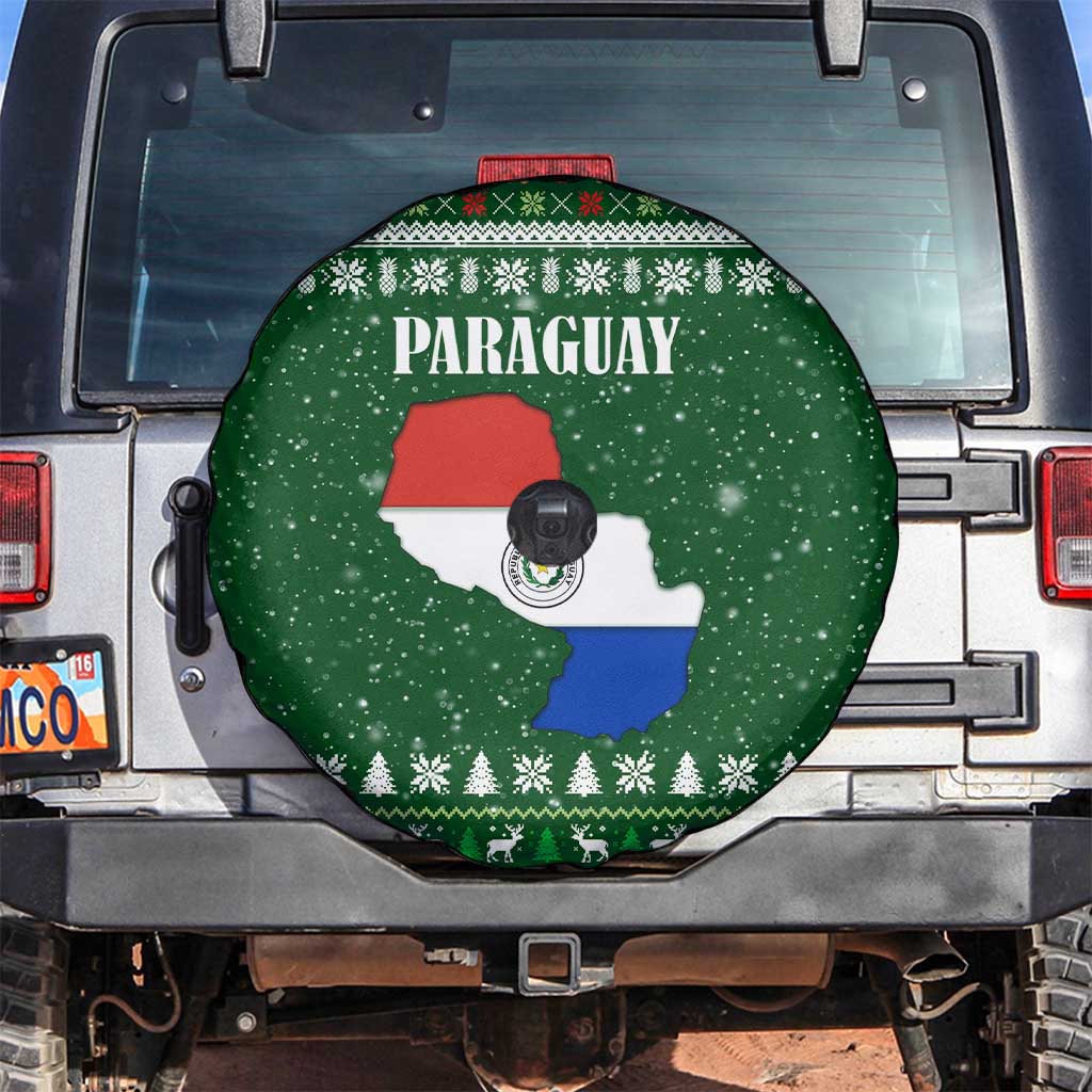Paraguay Christmas Spare Tire Cover with Green Festive Pattern, Map and Flag Motif, and Santa Illustration - Wonder Print Shop