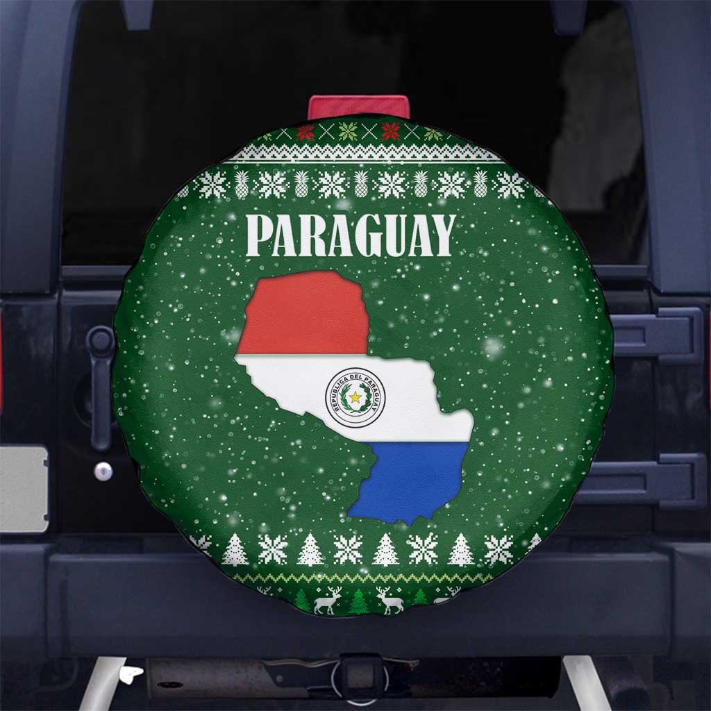 Paraguay Christmas Spare Tire Cover with Green Festive Pattern, Map and Flag Motif, and Santa Illustration - Wonder Print Shop