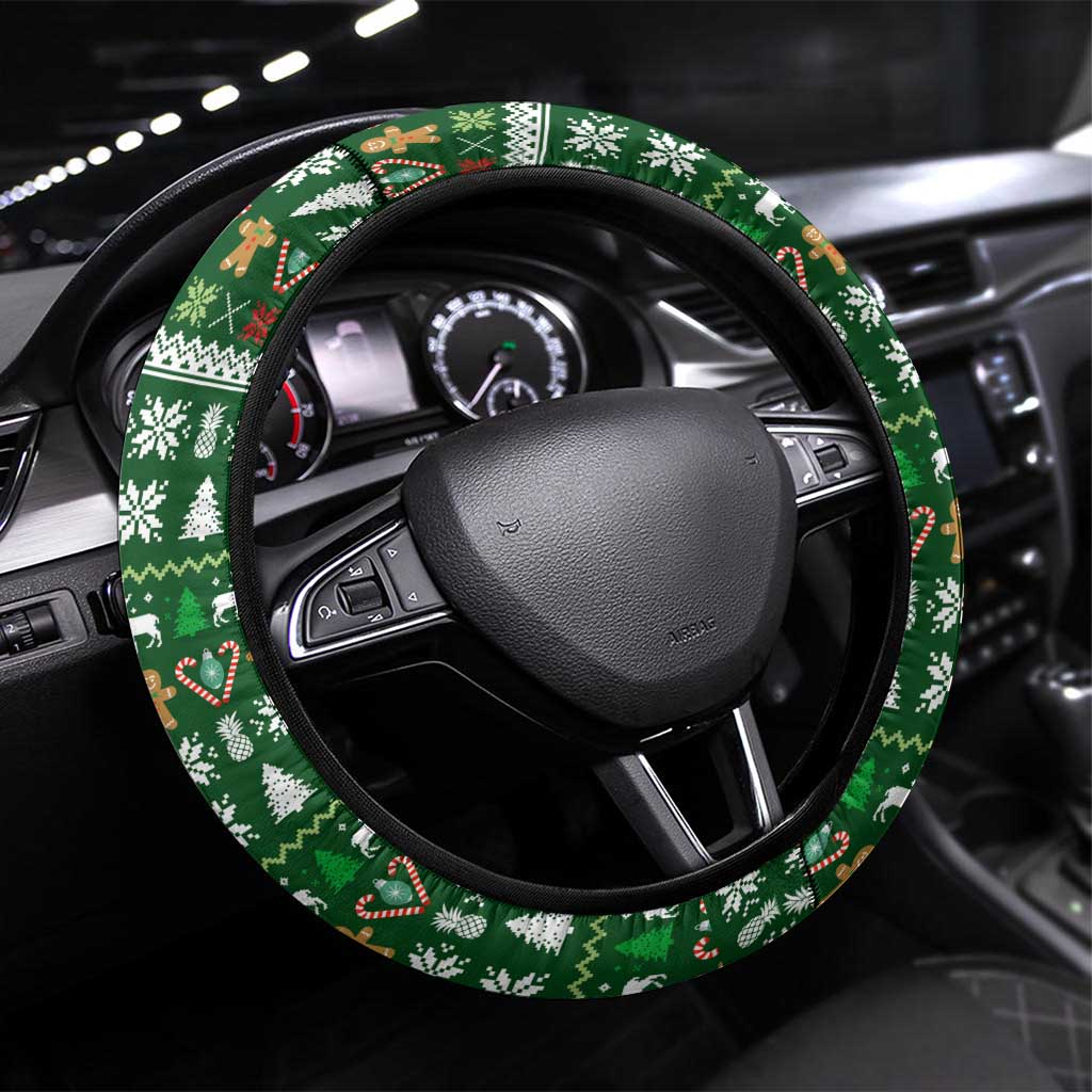 Paraguay Christmas Steering Wheel Cover with Green Festive Pattern, Map and Flag Motif, and Santa Illustration - Wonder Print Shop