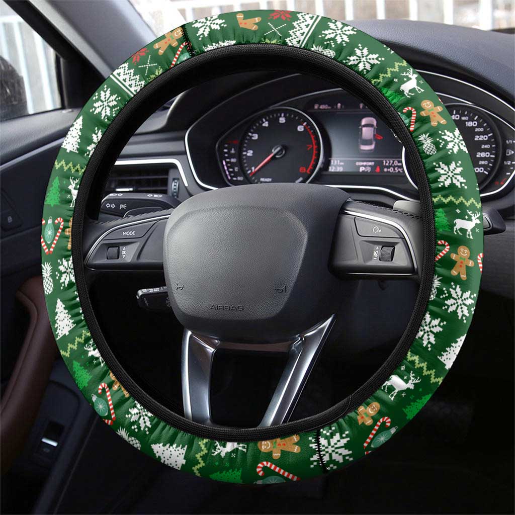 Paraguay Christmas Steering Wheel Cover with Green Festive Pattern, Map and Flag Motif, and Santa Illustration - Wonder Print Shop