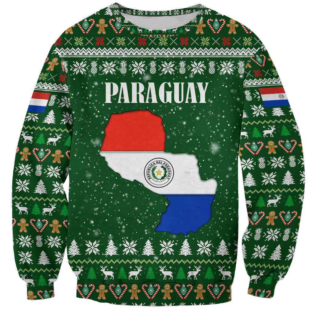 Paraguay Christmas Sweatshirt with Green Festive Pattern, Map and Flag Motif, and Santa Illustration - Wonder Print Shop