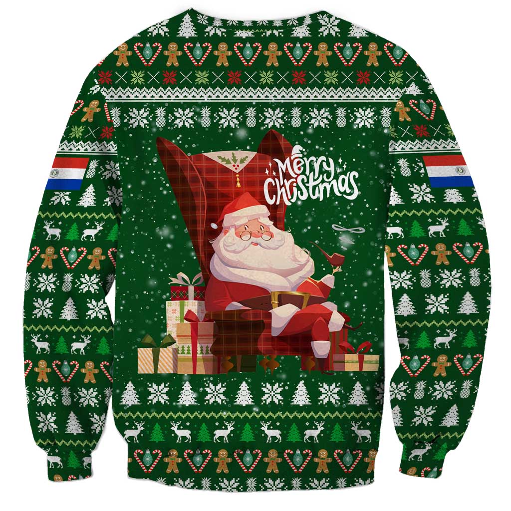 Paraguay Christmas Sweatshirt with Green Festive Pattern, Map and Flag Motif, and Santa Illustration - Wonder Print Shop