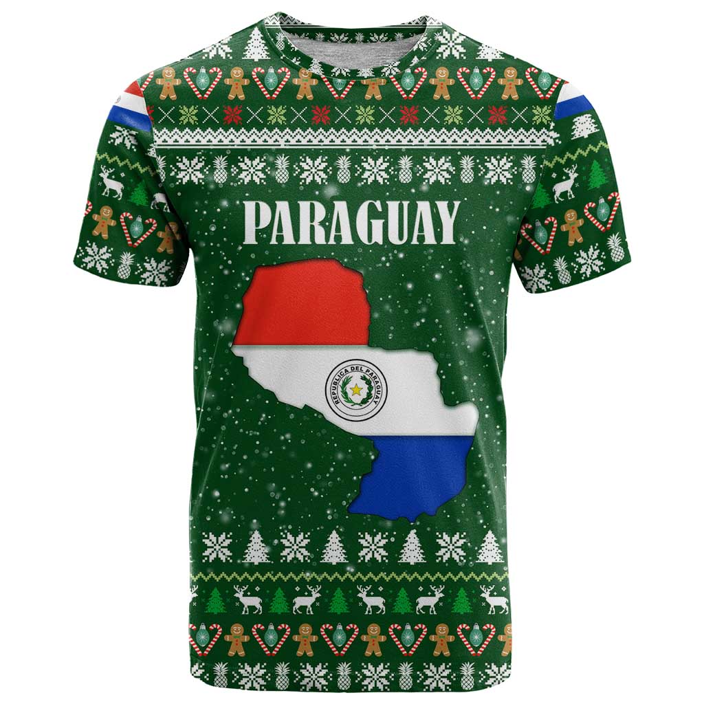 Paraguay Christmas T Shirt with Green Festive Pattern, Map and Flag Motif, and Santa Illustration - Wonder Print Shop