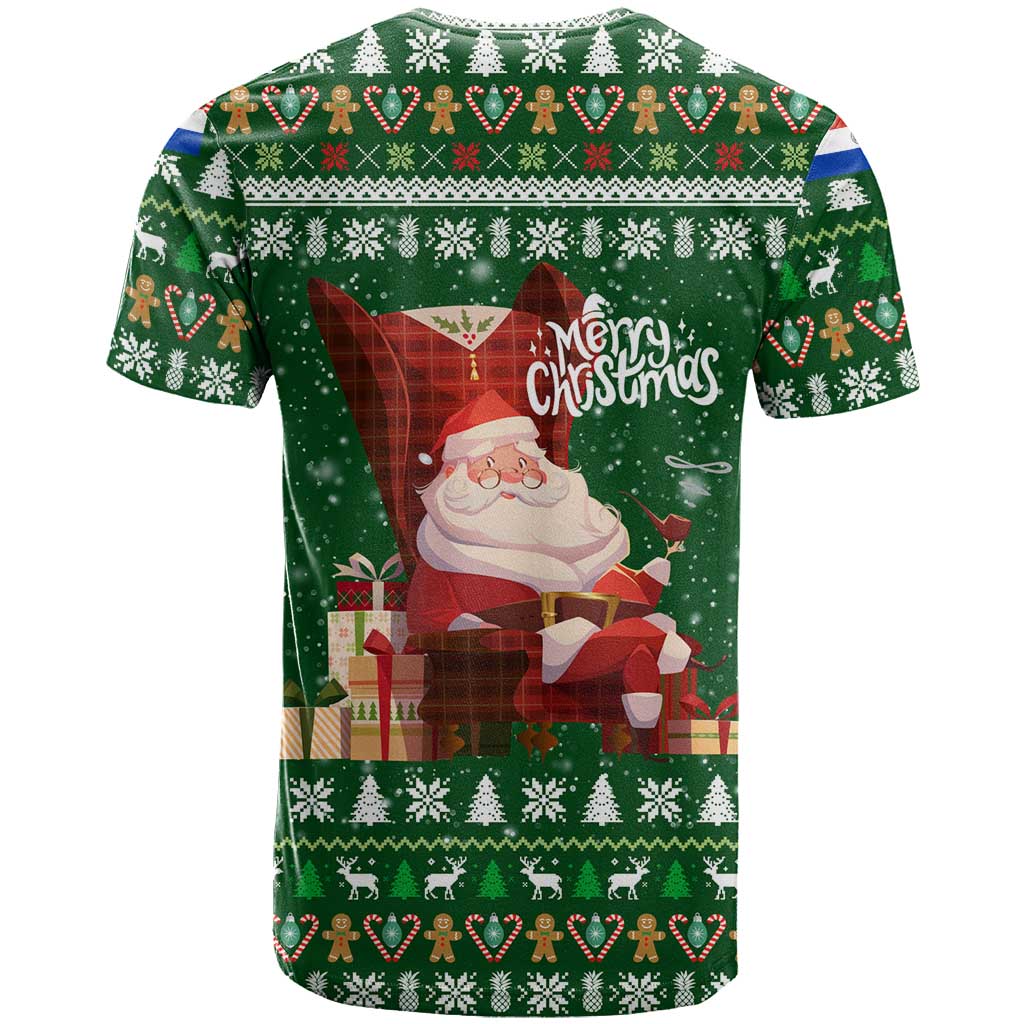 Paraguay Christmas T Shirt with Green Festive Pattern, Map and Flag Motif, and Santa Illustration - Wonder Print Shop