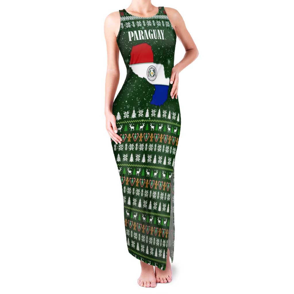 Paraguay Christmas Tank Maxi Dress with Green Festive Pattern, Map and Flag Motif, and Santa Illustration - Wonder Print Shop