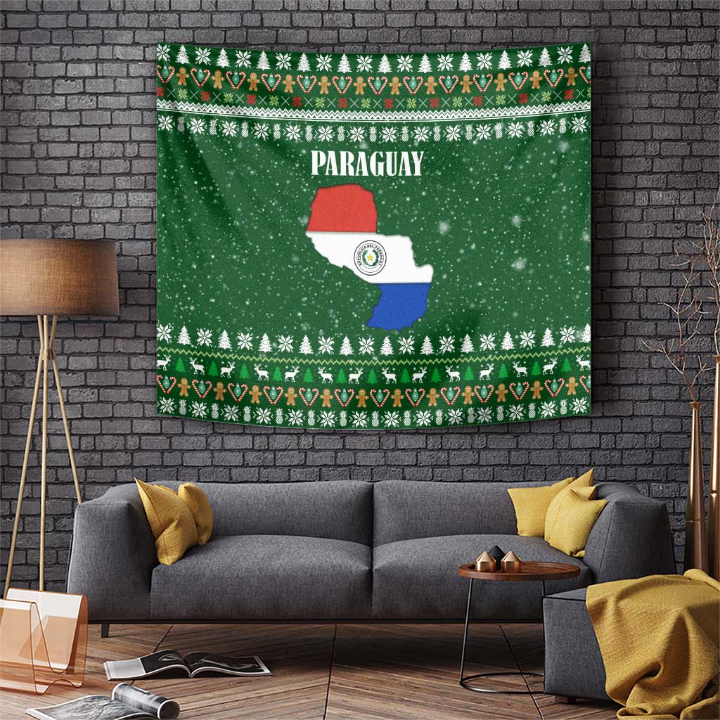 Paraguay Christmas Tapestry with Green Festive Pattern, Map and Flag Motif, and Santa Illustration - Wonder Print Shop