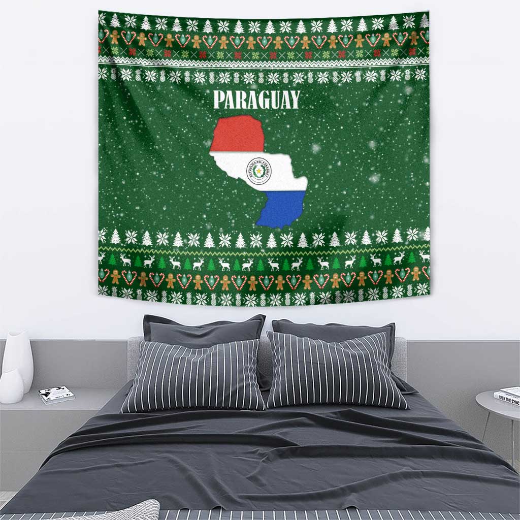 Paraguay Christmas Tapestry with Green Festive Pattern, Map and Flag Motif, and Santa Illustration - Wonder Print Shop