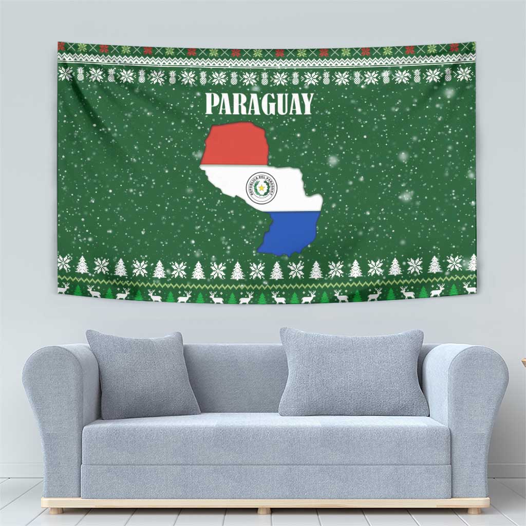 Paraguay Christmas Tapestry with Green Festive Pattern, Map and Flag Motif, and Santa Illustration - Wonder Print Shop