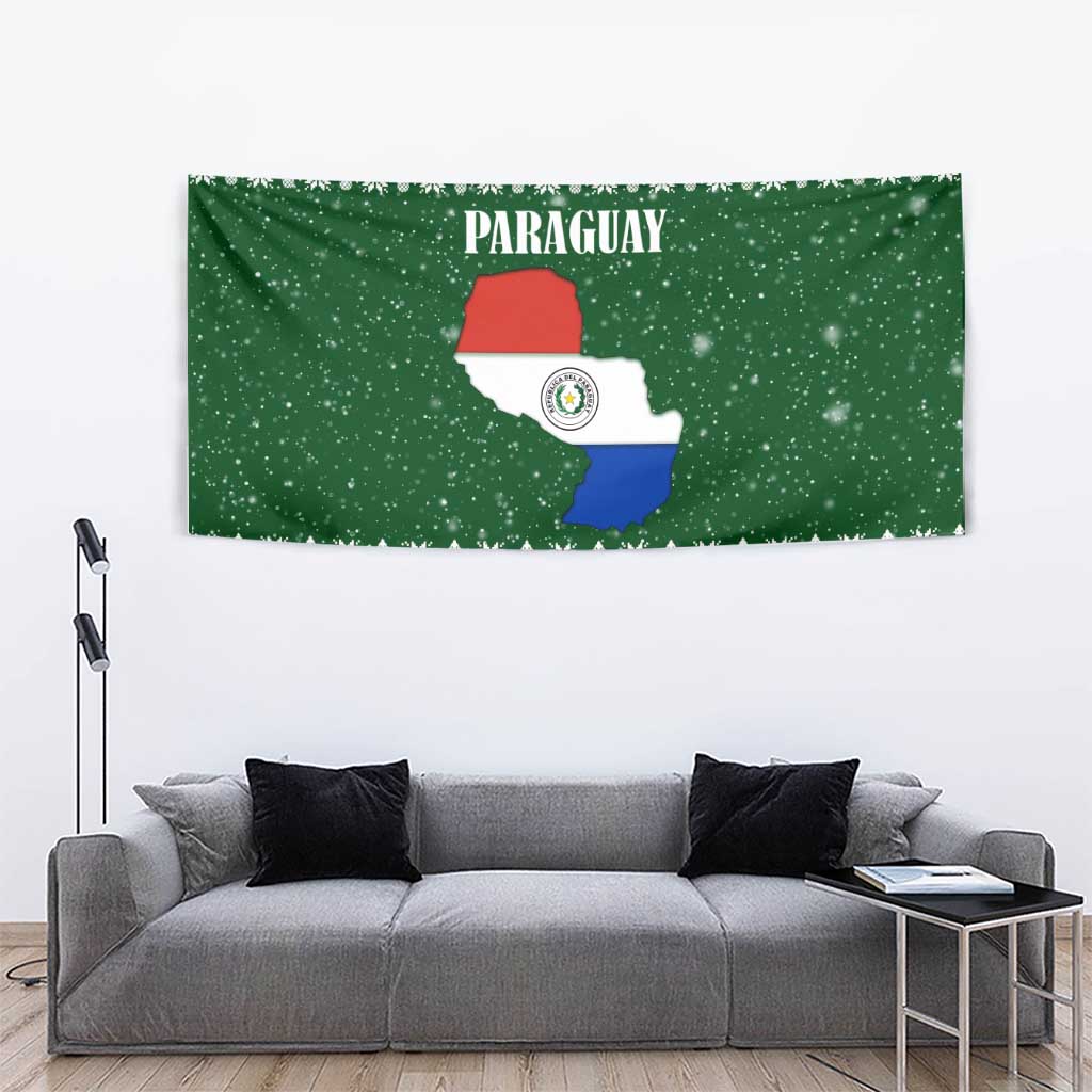 Paraguay Christmas Tapestry with Green Festive Pattern, Map and Flag Motif, and Santa Illustration - Wonder Print Shop