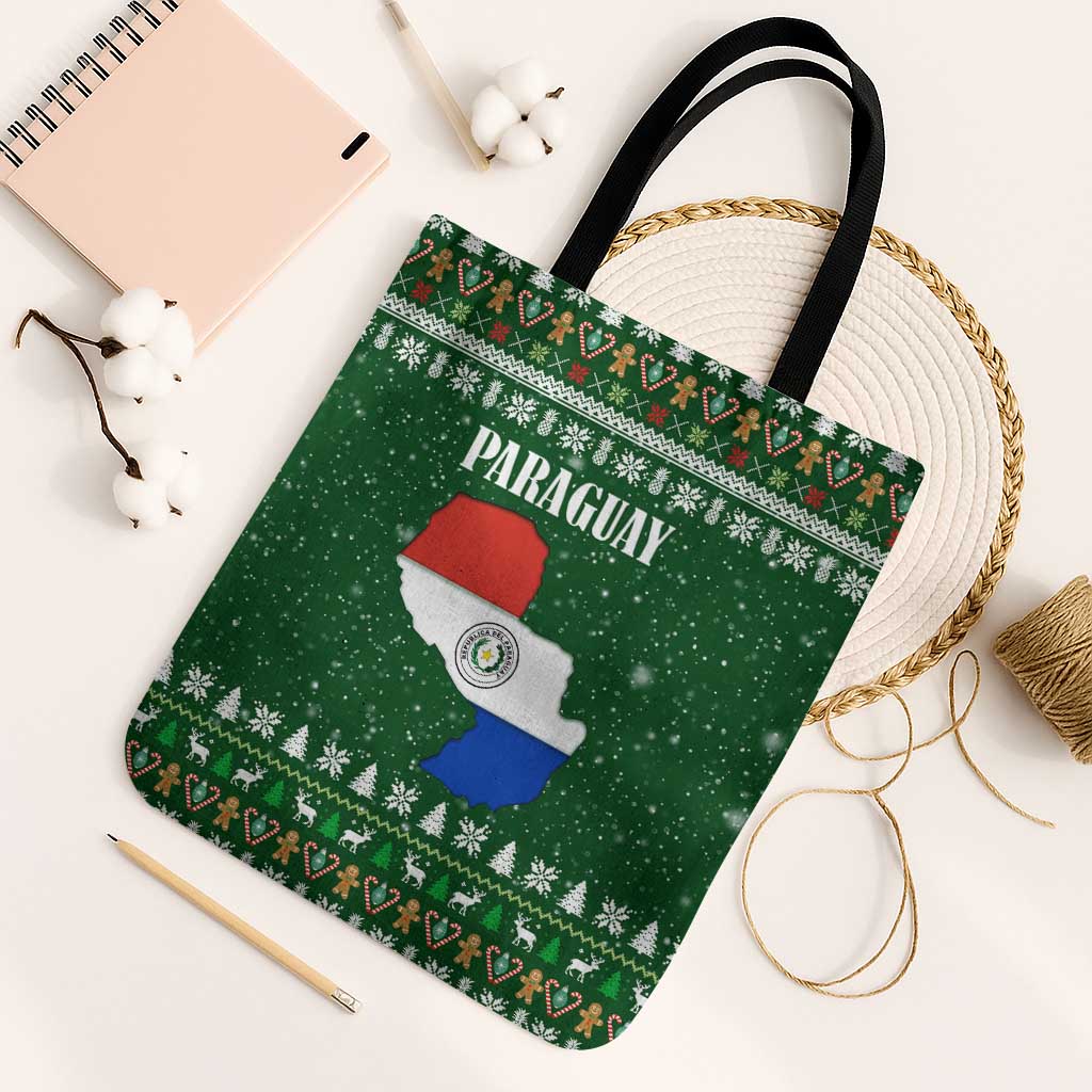 Paraguay Christmas Tote Bag with Green Festive Pattern, Map and Flag Motif, and Santa Illustration - Wonder Print Shop