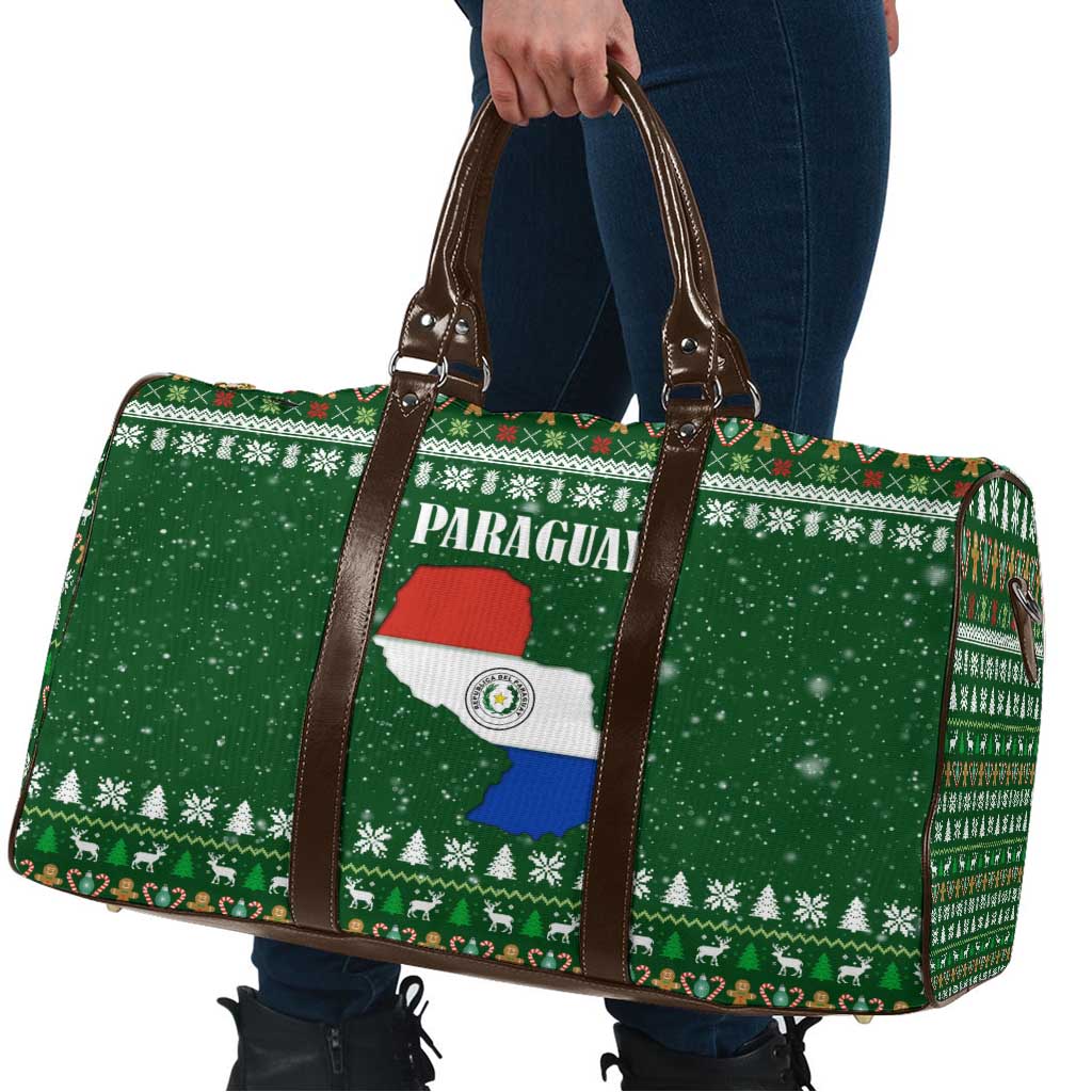 Paraguay Christmas Travel Bag with Green Festive Pattern, Map and Flag Motif, and Santa Illustration - Wonder Print Shop